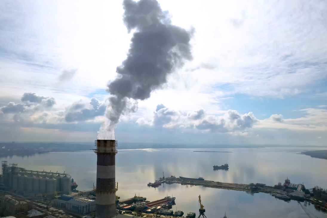 Polluting Air with Smoke, Aerial View of Industrial Factory. CO2